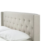 Beige Fabric Upholstered Bed with Button Tufting and Nailhead Wings