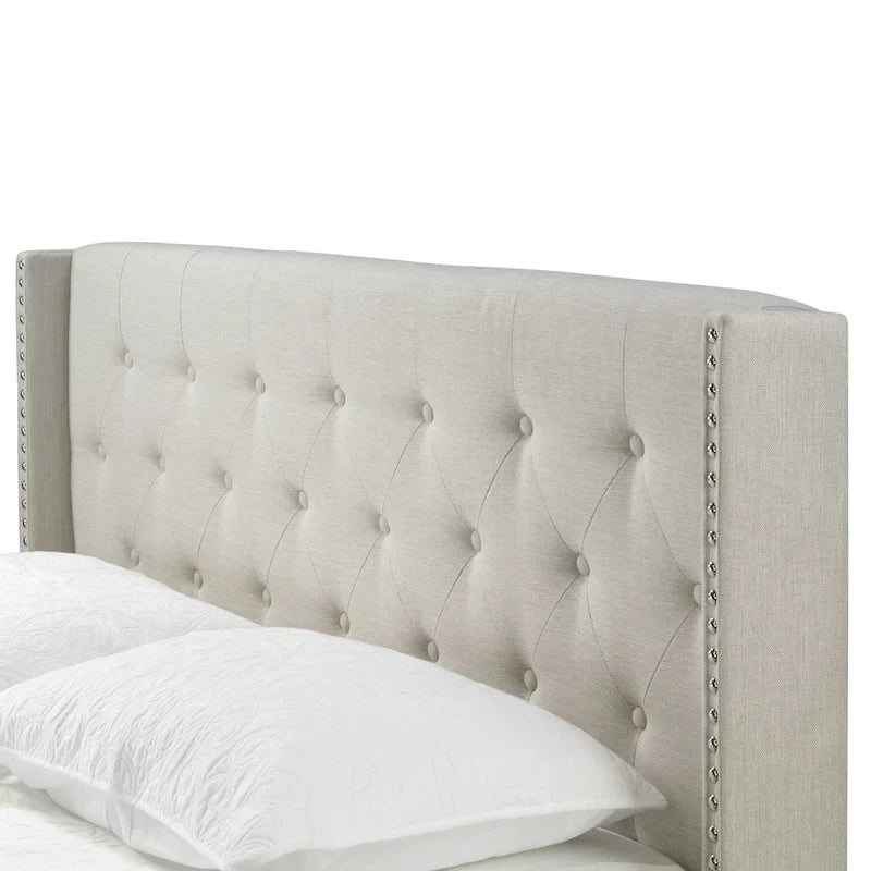 Beige Fabric Upholstered Bed with Button Tufting and Nailhead Wings