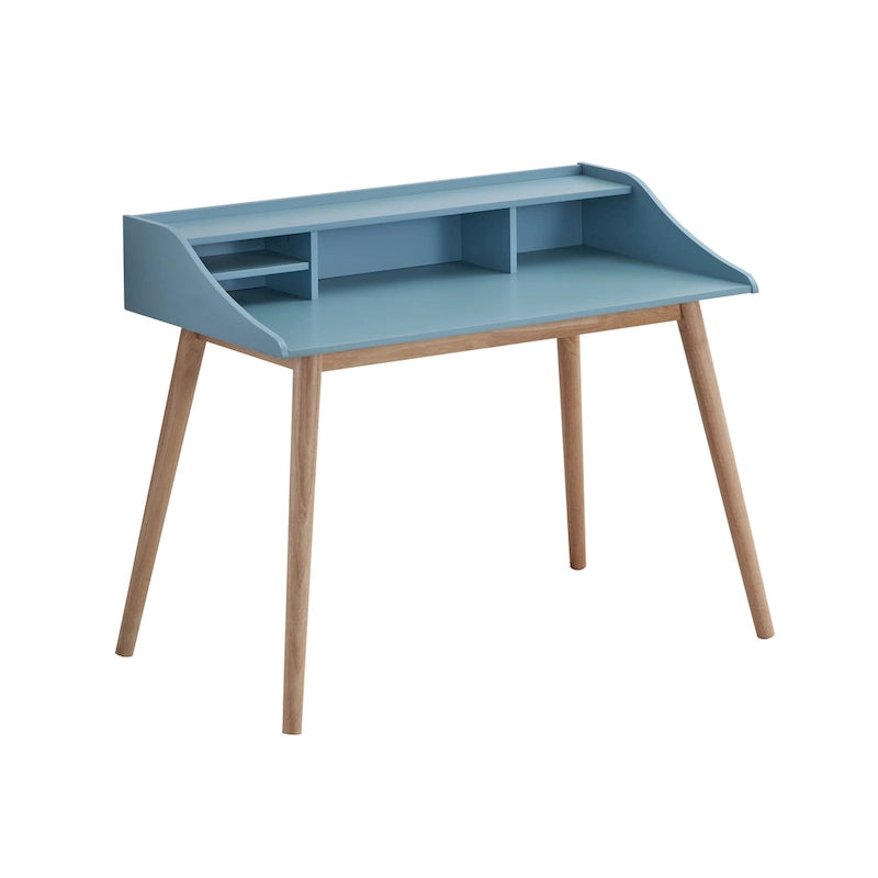 Secretária em Madeira Estilo Mid-Century Modern com Estante Superior, Azul
