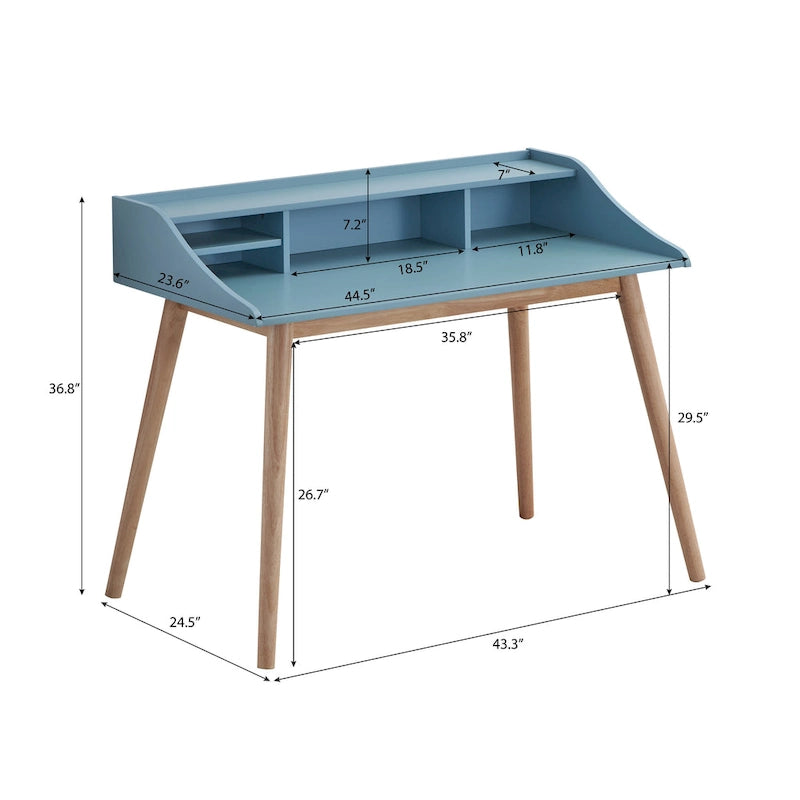 Secretária em Madeira Estilo Mid-Century Modern com Estante Superior, Azul