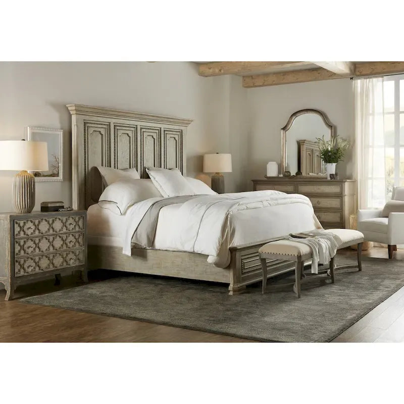 Cama de Casal King de Painel em Madeira Clara Envelhecida com Cabeceira Ajustável