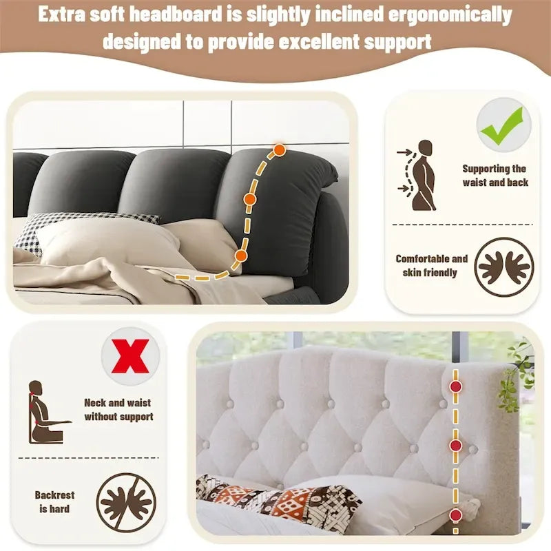 Cama King Size Estofada c/ Cabeceira Grossa e Encosto Acolchoado Grande