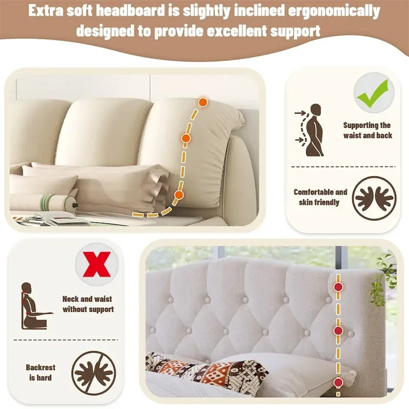 Cama King Size Estofada c/ Cabeceira Grossa e Encosto Acolchoado Grande