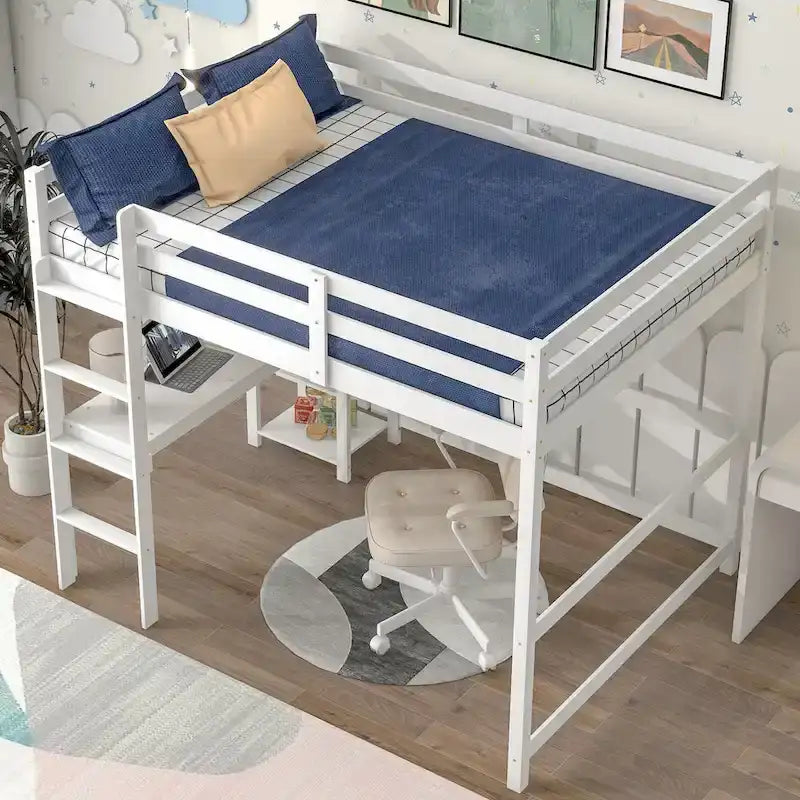 Cama Alta de Casal com Secretária, Prateleiras e Escada
