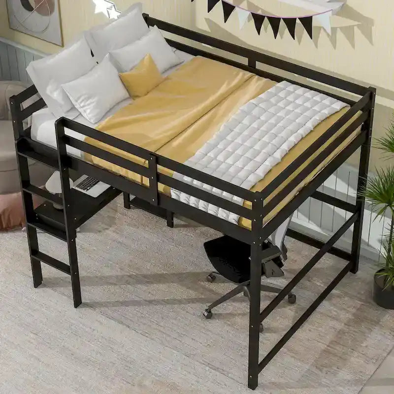Cama Alta de Casal com Secretária, Prateleiras e Escada