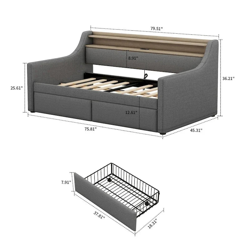 Cama de Solteiro Estofada com Arrumação, Portas USB e Iluminação LED