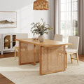 Bohemian Dining Table for 6 with Solid Wood Legs and Rattan Accent