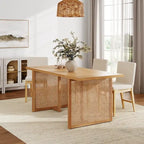 Bohemian Dining Table for 6 with Solid Wood Legs and Rattan Accent