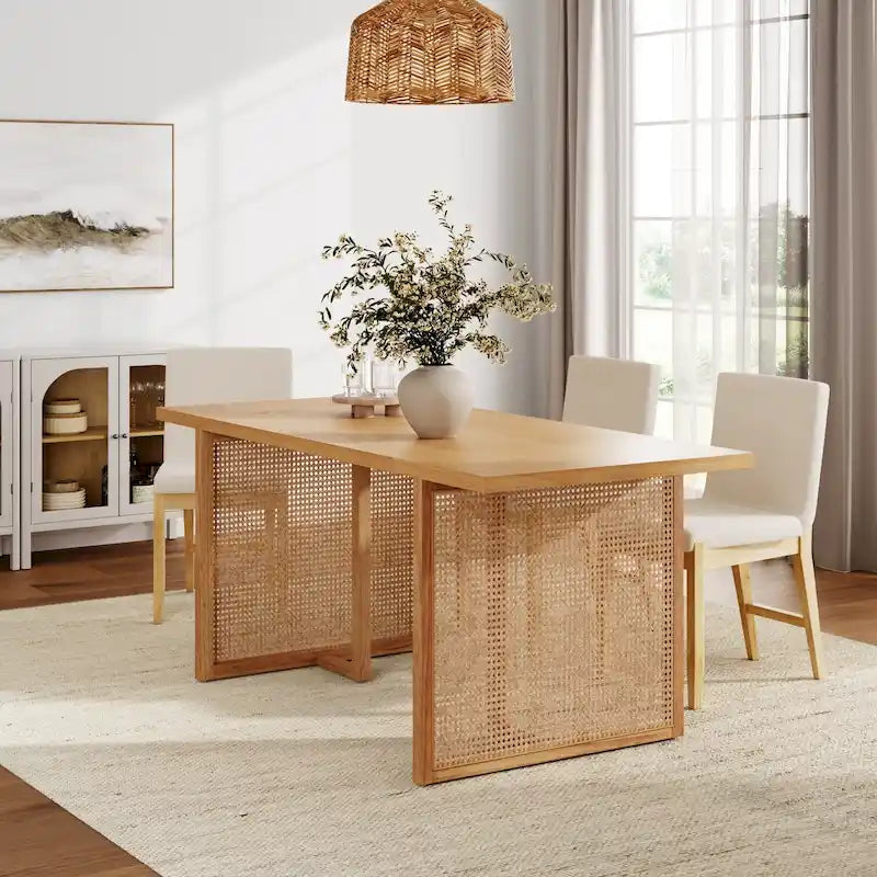 Bohemian Dining Table for 6 with Solid Wood Legs and Rattan Accent