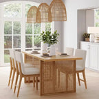 Bohemian Dining Table for 6 with Solid Wood Legs and Rattan Accent