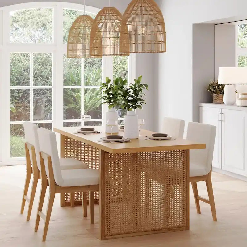 Bohemian Dining Table for 6 with Solid Wood Legs and Rattan Accent