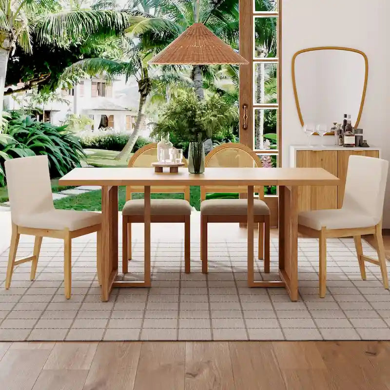 Bohemian Dining Table for 6 with Solid Wood Legs and Rattan Accent