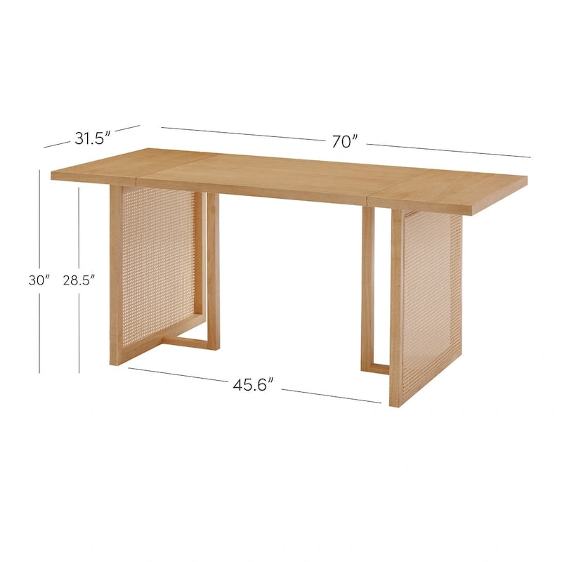 Bohemian Dining Table for 6 with Solid Wood Legs and Rattan Accent
