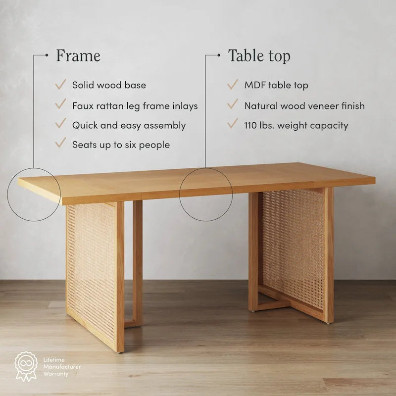 Bohemian Dining Table for 6 with Solid Wood Legs and Rattan Accent